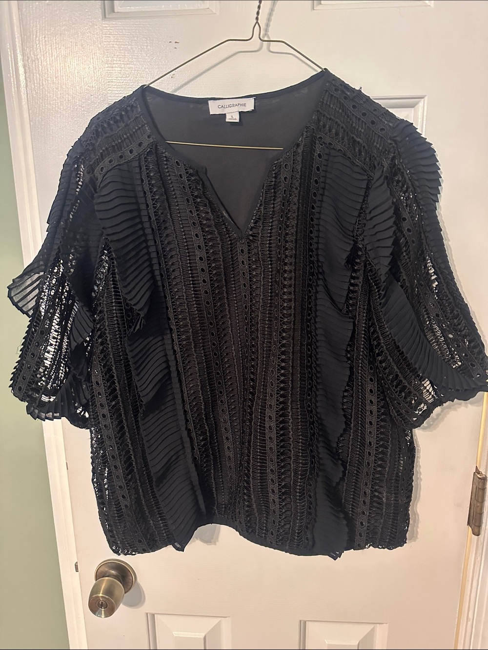 Callahan Black Lace-Trim Split Neck Blouse